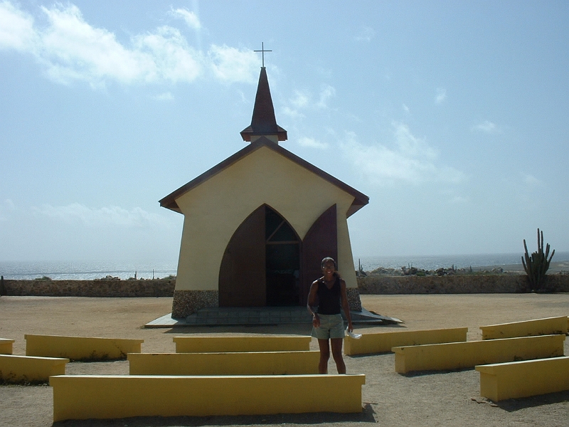 Aruba_060.JPG - This tiny church is called "Chapel of Alto Vista".  So tiny, they built pews outside of it.